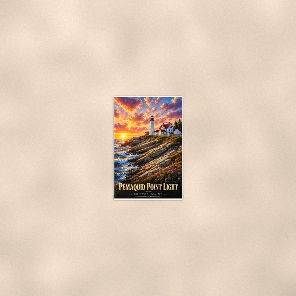 Coastal lighthouse at sunset — 24x36 in art print poster, premium luster paper with a white border; poster seen from further back, at true 24x36 in scale on a warm wall.