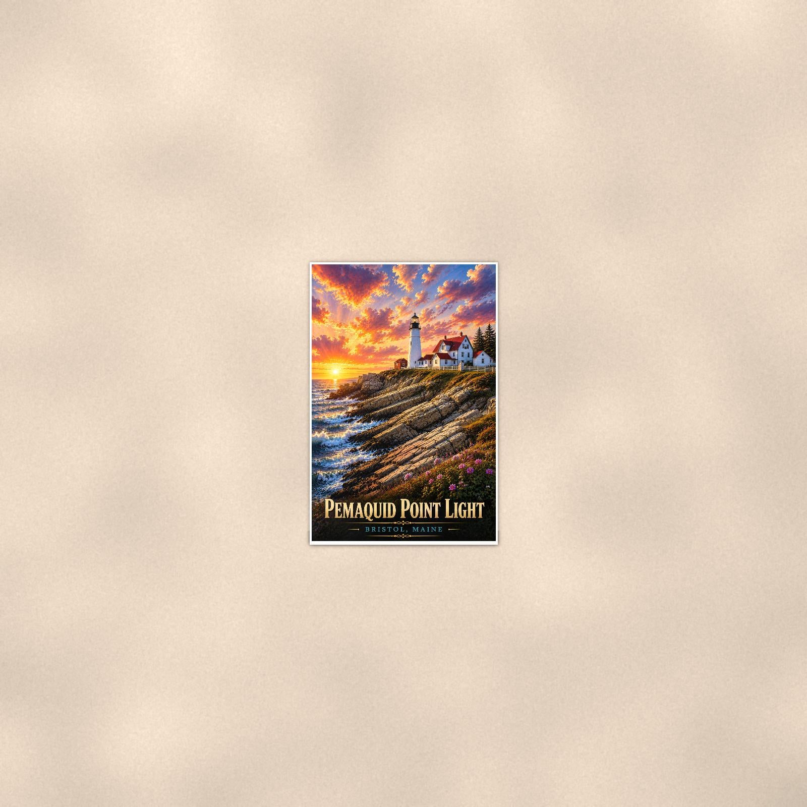 Coastal lighthouse at sunset — 24x36 in art print poster, premium luster paper with a white border; poster seen from further back, at true 24x36 in scale on a warm wall.