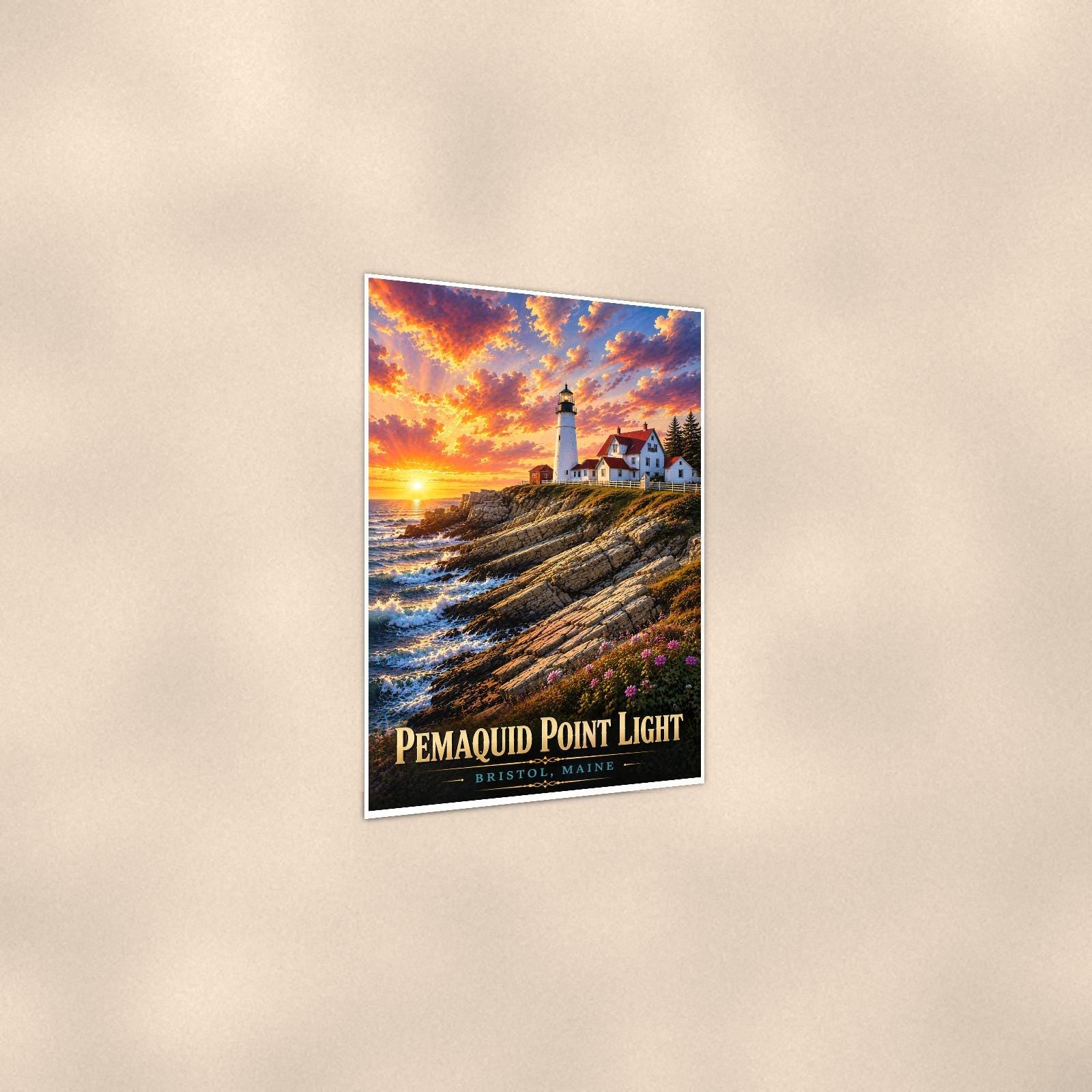 Coastal lighthouse at sunset — 24x36 in art print poster, premium luster paper with a white border; gentle three-quarter angle on a warm wall, showing the flat paper edge.