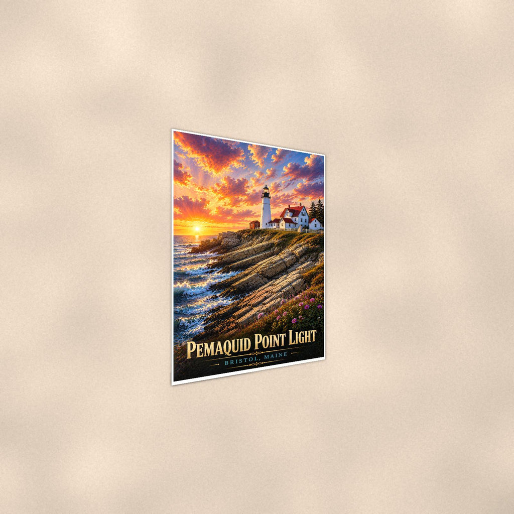 Coastal lighthouse at sunset — 24x36 in art print poster, premium luster paper with a white border; steeper three-quarter angle on a warm wall, catching the luster sheen.