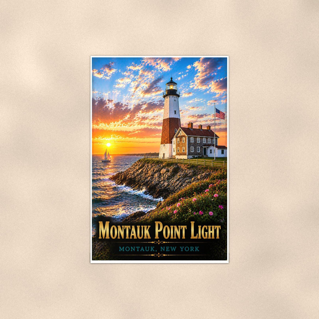 Coastal lighthouse at sunset — 24x36 in art print poster, premium luster paper with a white border; poster shown straight on against a warm wall.