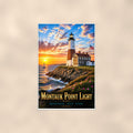 Coastal lighthouse at sunset — 24x36 in art print poster, premium luster paper with a white border; poster shown straight on against a warm wall.