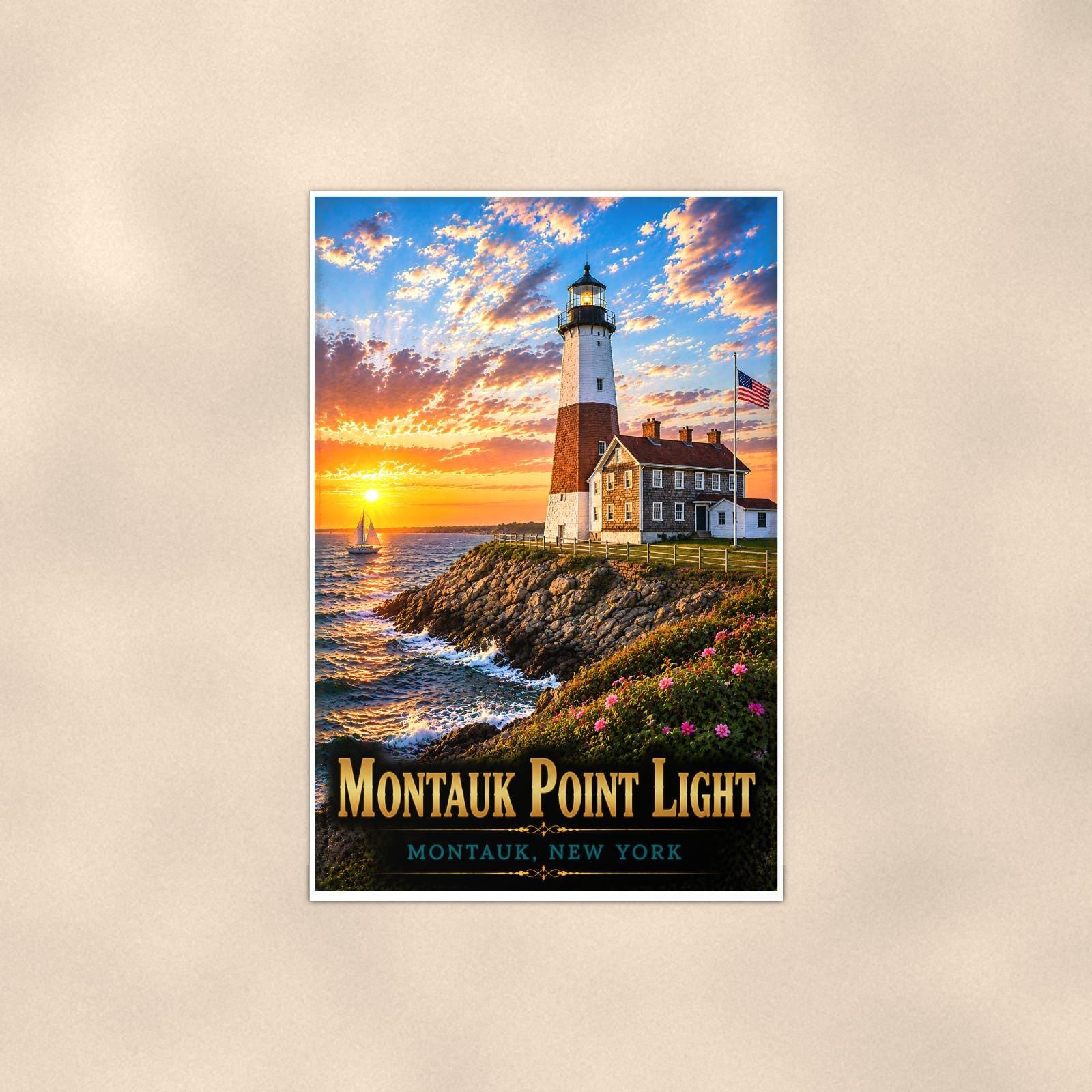 Coastal lighthouse at sunset — 24x36 in art print poster, premium luster paper with a white border; poster shown straight on against a warm wall.