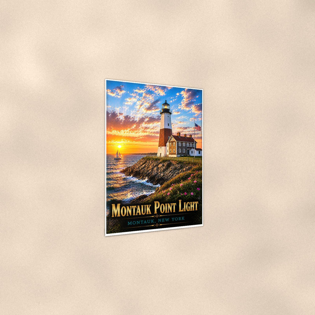 Coastal lighthouse at sunset — 24x36 in art print poster, premium luster paper with a white border; gentle three-quarter angle on a warm wall, showing the flat paper edge.