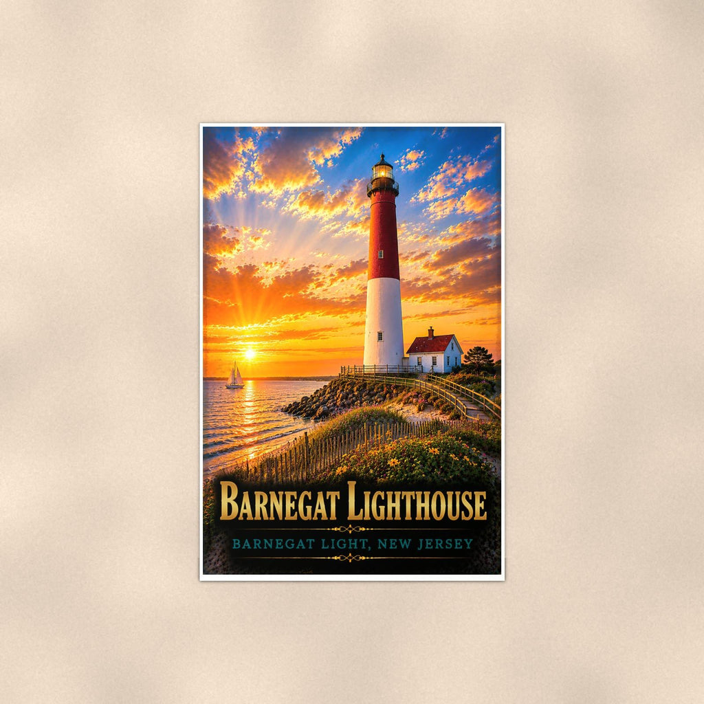 Coastal lighthouse at sunset — 24x36 in art print poster, premium luster paper with a white border; poster shown straight on against a warm wall.