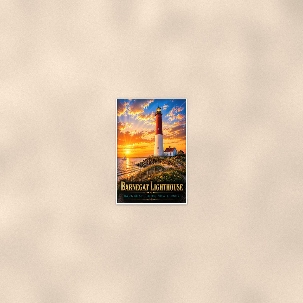Coastal lighthouse at sunset — 24x36 in art print poster, premium luster paper with a white border; poster seen from further back, at true 24x36 in scale on a warm wall.