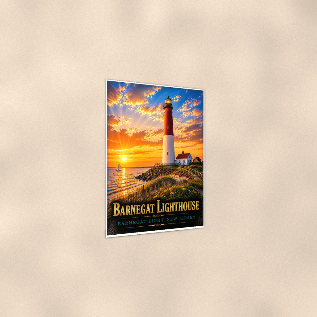 Coastal lighthouse at sunset — 24x36 in art print poster, premium luster paper with a white border; gentle three-quarter angle on a warm wall, showing the flat paper edge.