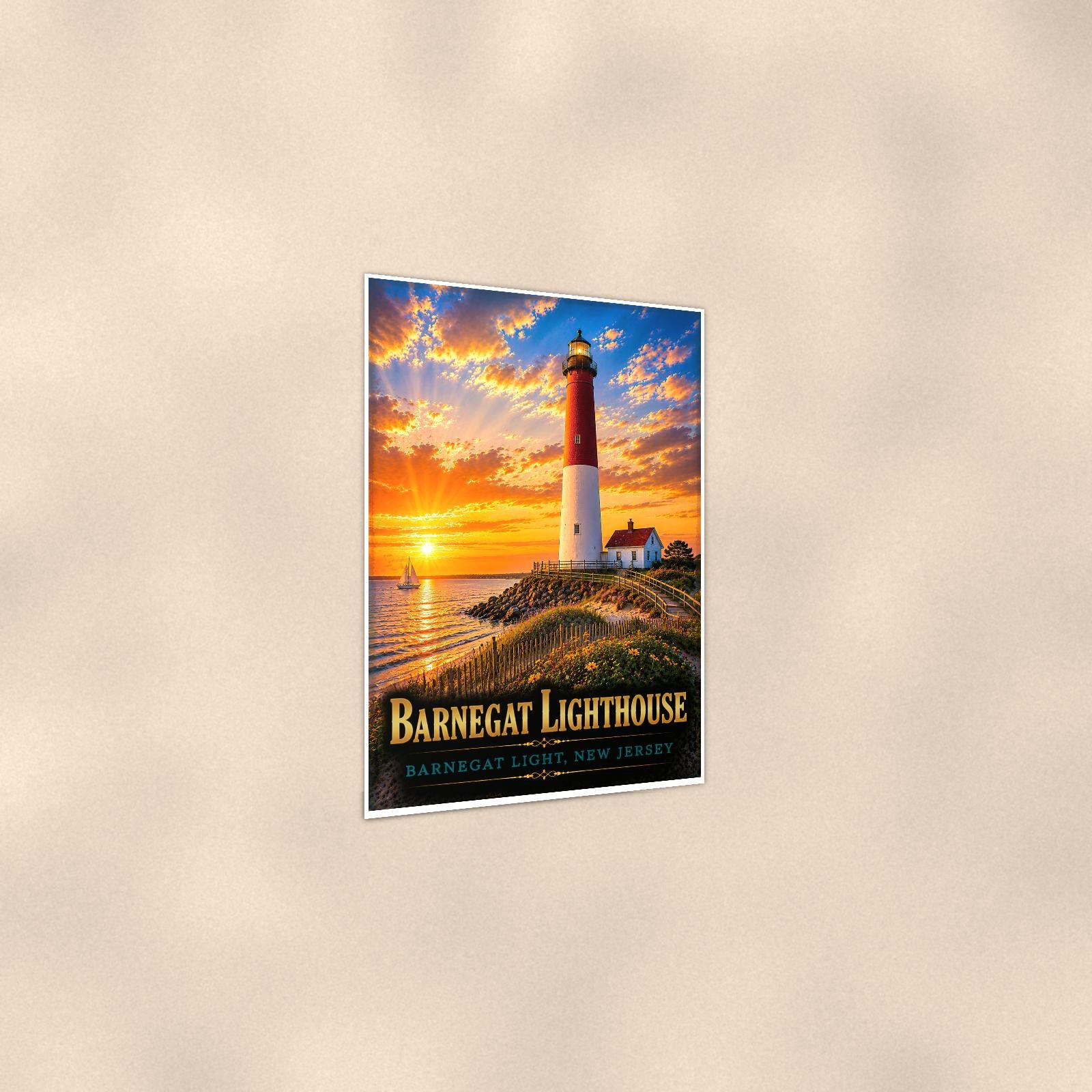 Coastal lighthouse at sunset — 24x36 in art print poster, premium luster paper with a white border; gentle three-quarter angle on a warm wall, showing the flat paper edge.