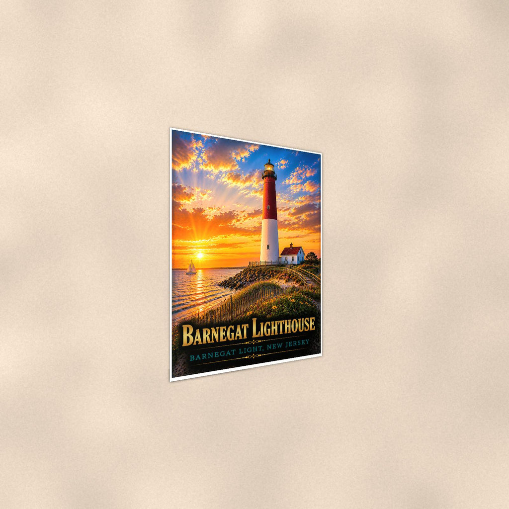 Coastal lighthouse at sunset — 24x36 in art print poster, premium luster paper with a white border; steeper three-quarter angle on a warm wall, catching the luster sheen.