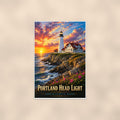 Coastal lighthouse at sunset — 24x36 in art print poster, premium luster paper with a white border; poster shown straight on against a warm wall.