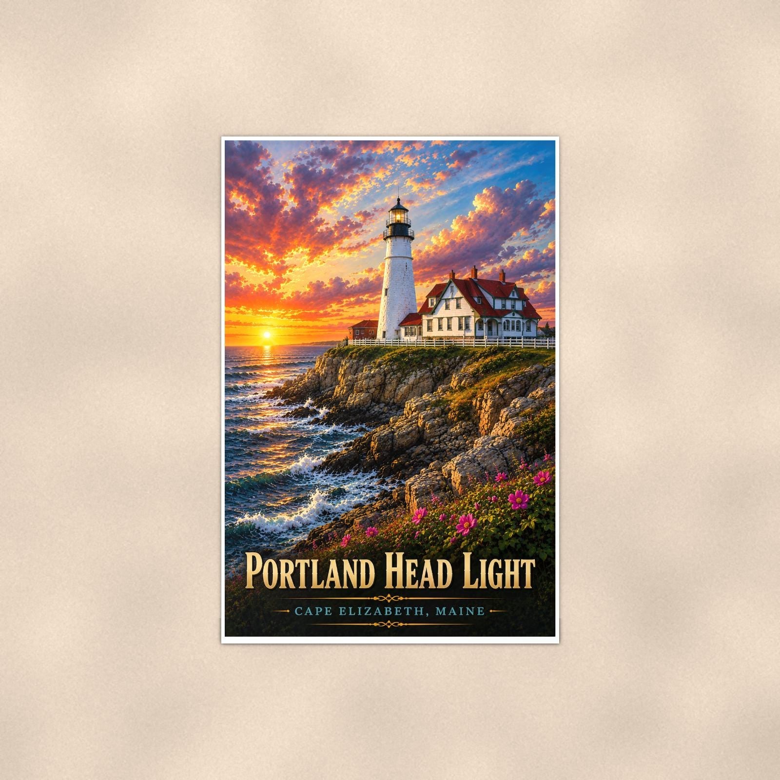 Coastal lighthouse at sunset — 24x36 in art print poster, premium luster paper with a white border; poster shown straight on against a warm wall.