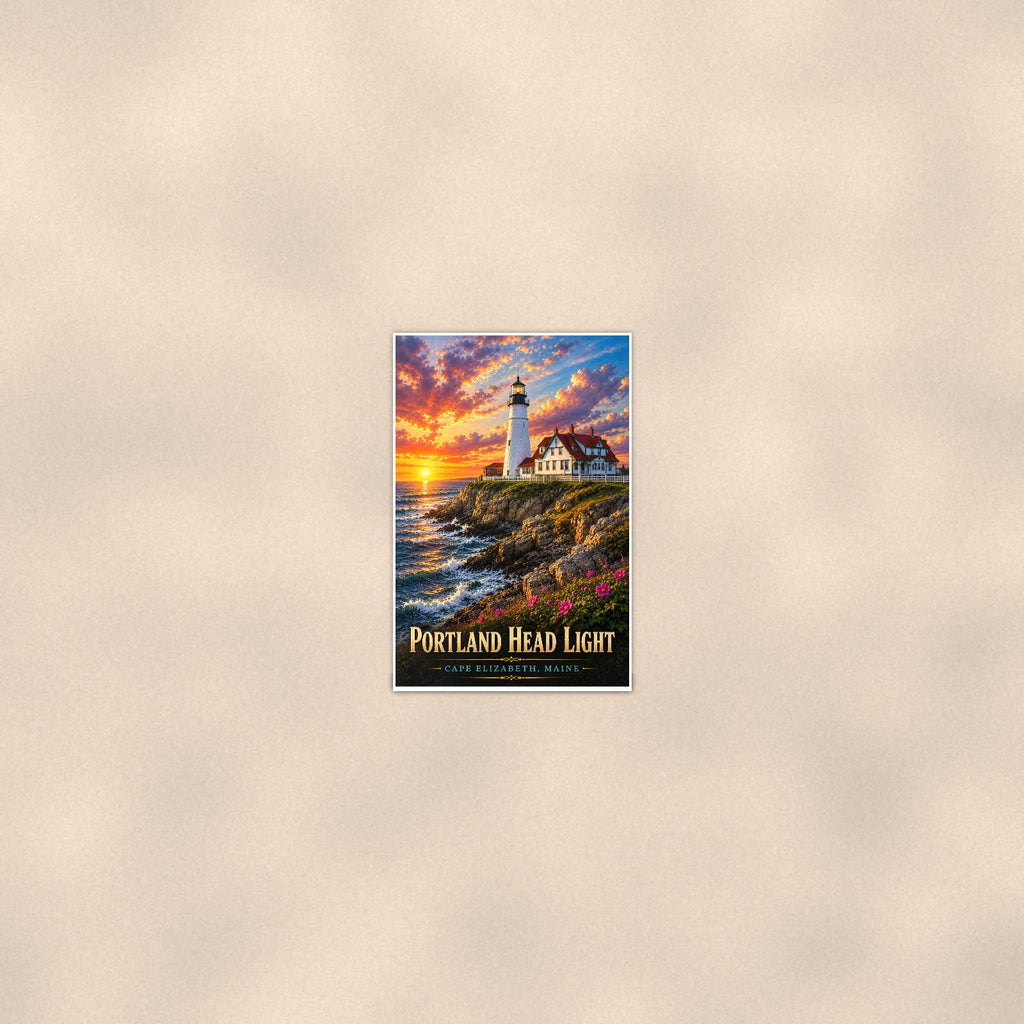 Coastal lighthouse at sunset — 24x36 in art print poster, premium luster paper with a white border; poster seen from further back, at true 24x36 in scale on a warm wall.