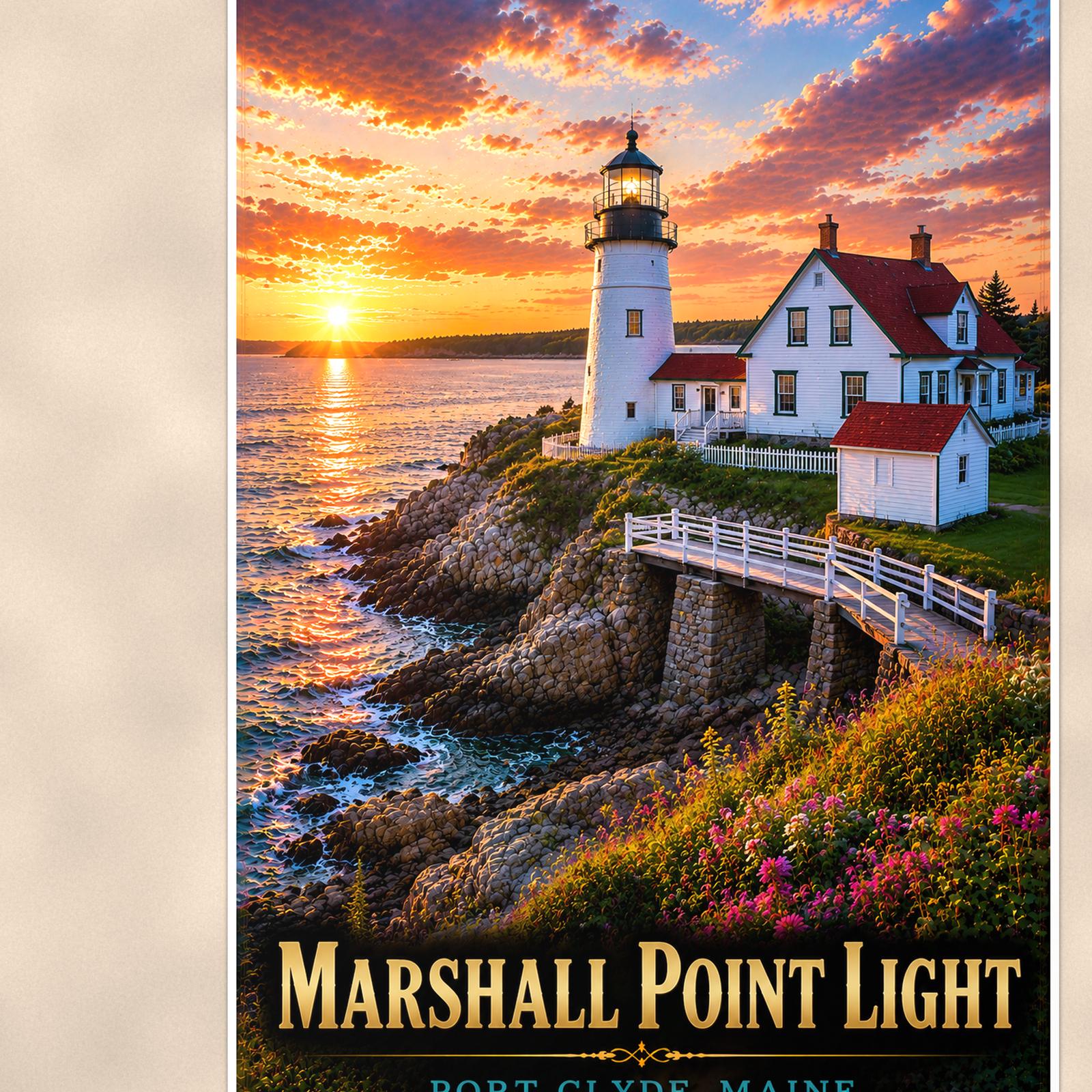 Coastal lighthouse at sunset — 24x36 in art print poster, premium luster paper with a white border; close-up framed on the main subject of the artwork, paper surface visible.