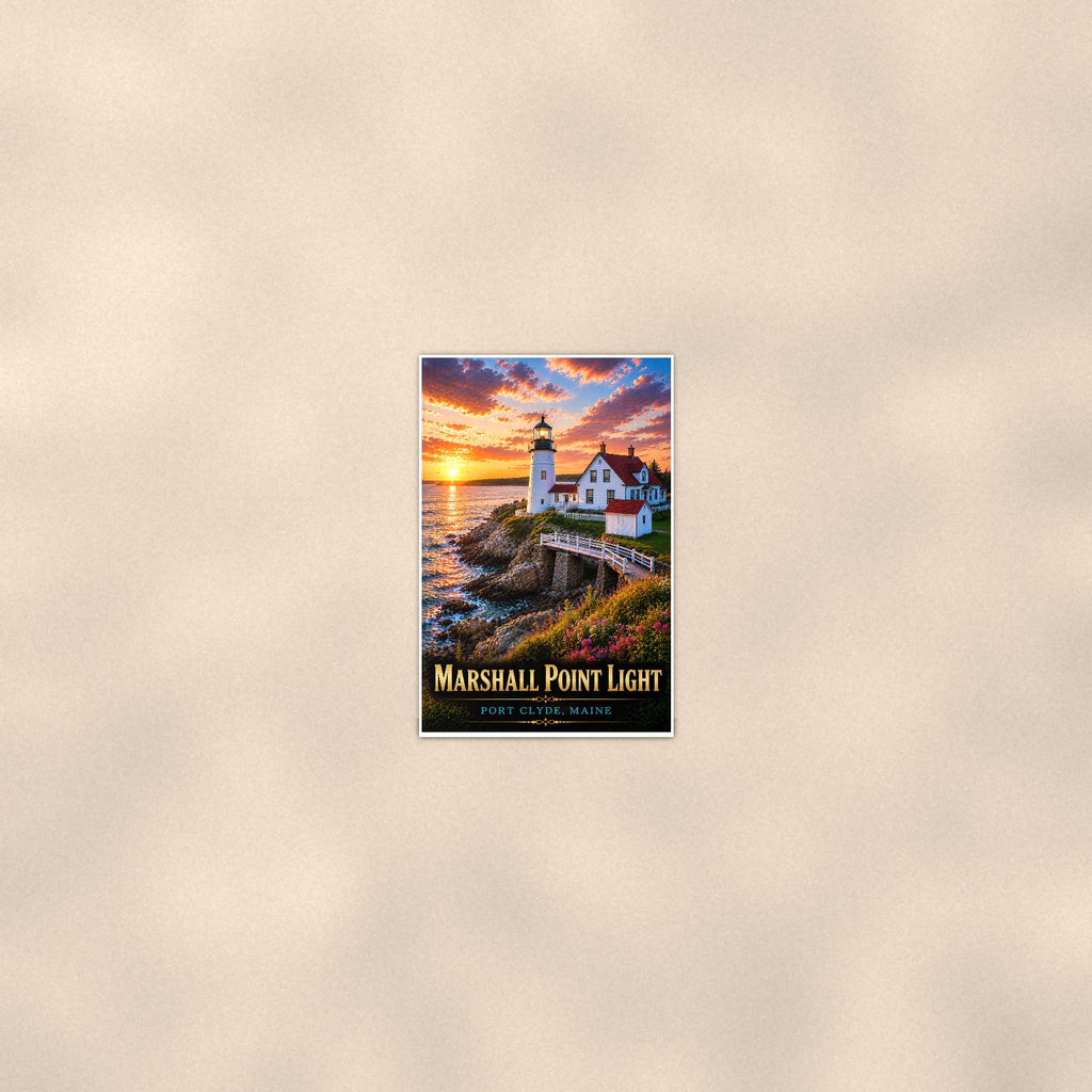 Coastal lighthouse at sunset — 24x36 in art print poster, premium luster paper with a white border; poster seen from further back, at true 24x36 in scale on a warm wall.