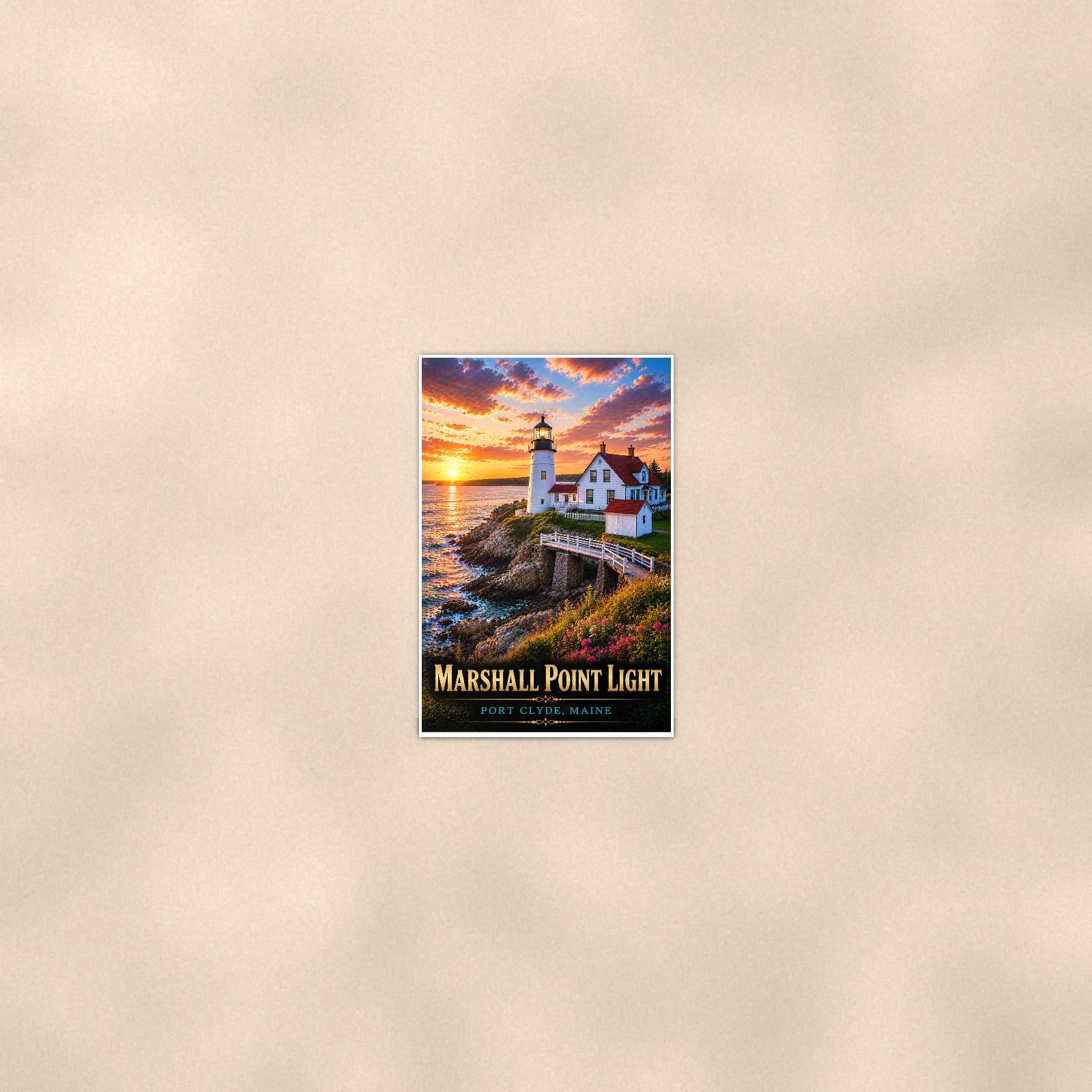 Coastal lighthouse at sunset — 24x36 in art print poster, premium luster paper with a white border; poster seen from further back, at true 24x36 in scale on a warm wall.