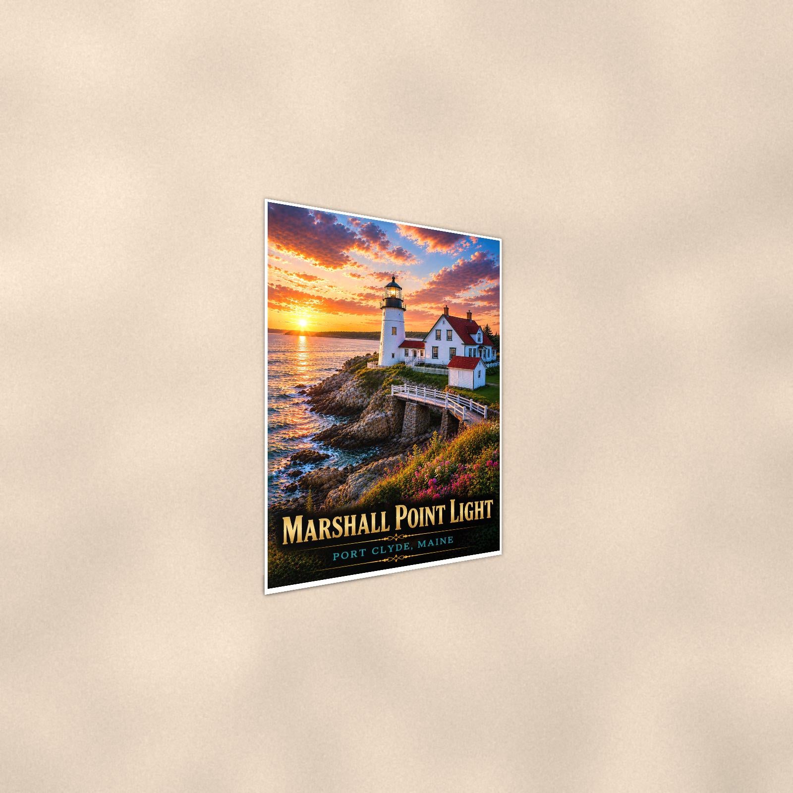 Coastal lighthouse at sunset — 24x36 in art print poster, premium luster paper with a white border; steeper three-quarter angle on a warm wall, catching the luster sheen.