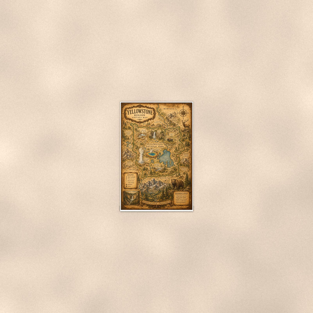 Vintage Yellowstone Map — 24x36 in art print poster, premium luster paper with a white border; poster seen from further back, at true 24x36 in scale on a warm wall.