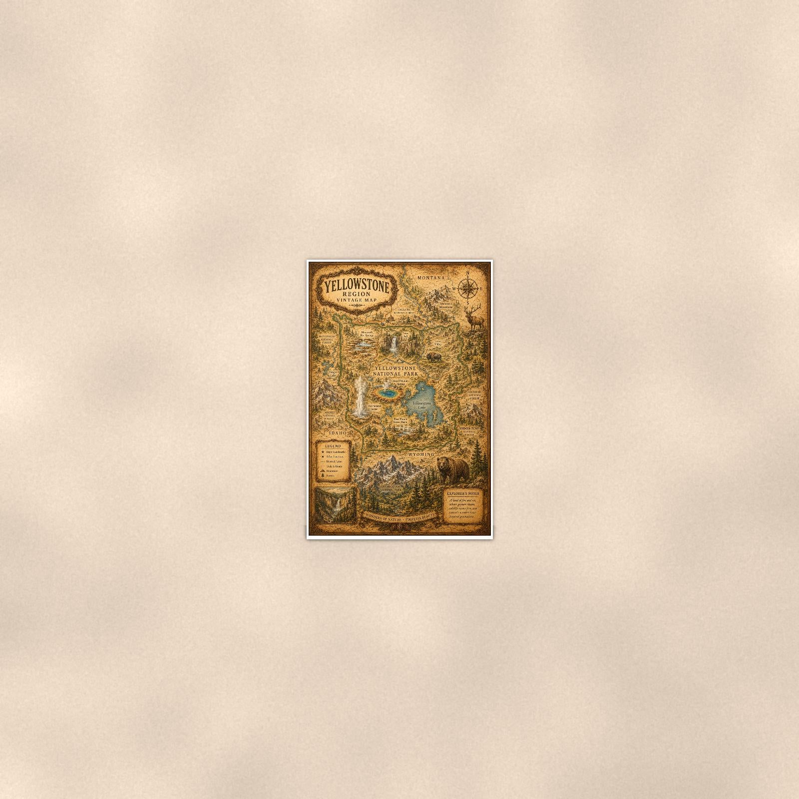 Vintage Yellowstone Map — 24x36 in art print poster, premium luster paper with a white border; poster seen from further back, at true 24x36 in scale on a warm wall.