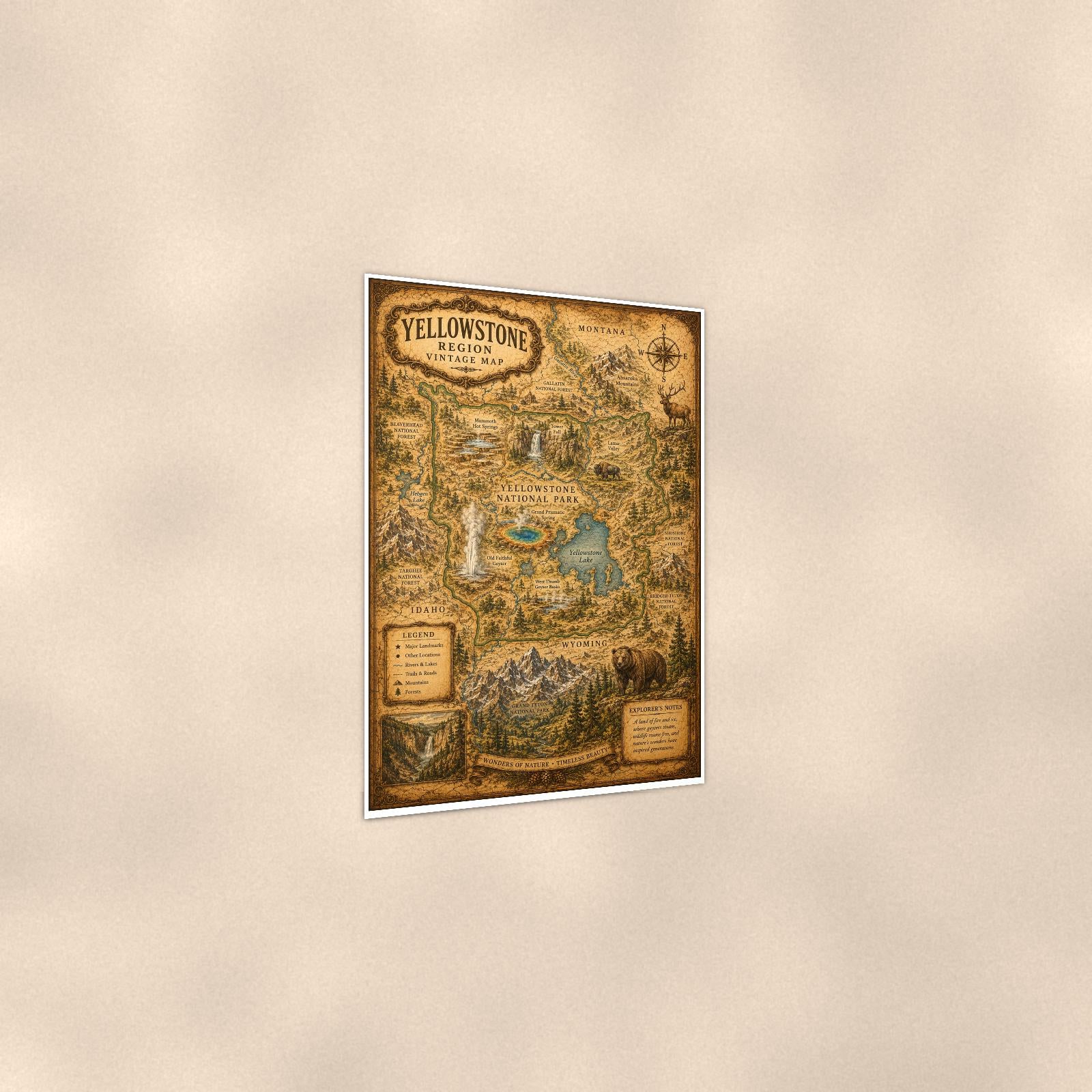 Vintage Yellowstone Map — 24x36 in art print poster, premium luster paper with a white border; gentle three-quarter angle on a warm wall, showing the flat paper edge.