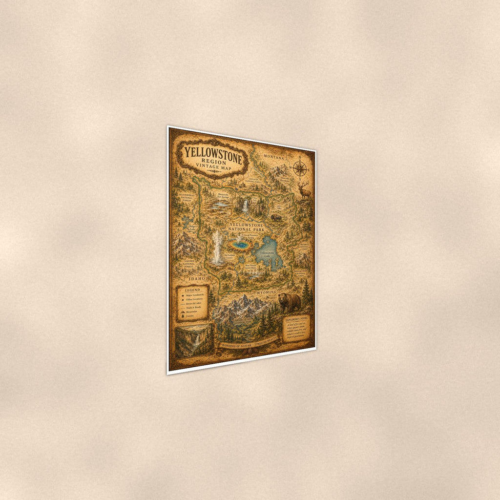 Vintage Yellowstone Map — 24x36 in art print poster, premium luster paper with a white border; steeper three-quarter angle on a warm wall, catching the luster sheen.