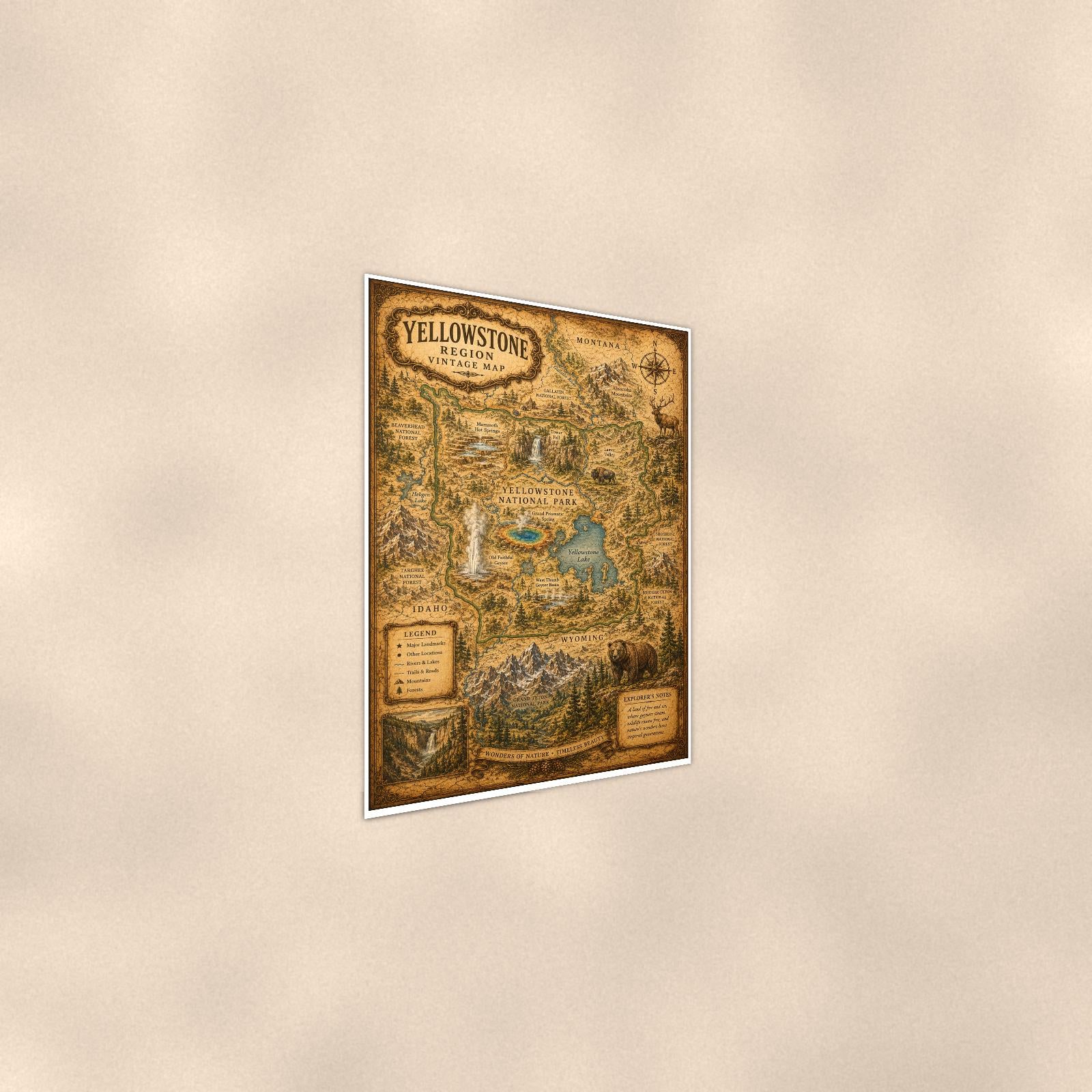 Vintage Yellowstone Map — 24x36 in art print poster, premium luster paper with a white border; steeper three-quarter angle on a warm wall, catching the luster sheen.