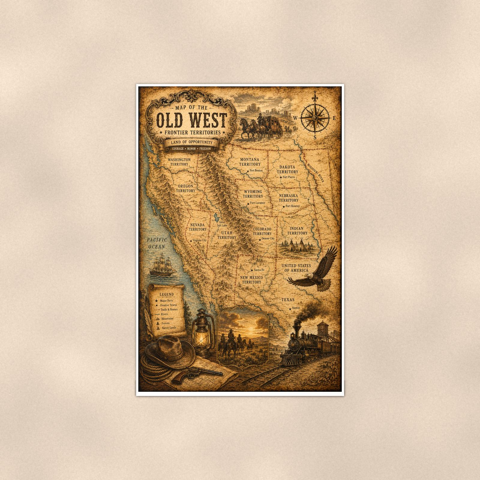 Vintage Old West Map — 24x36 in art print poster, premium luster paper with a white border; poster shown straight on against a warm wall.