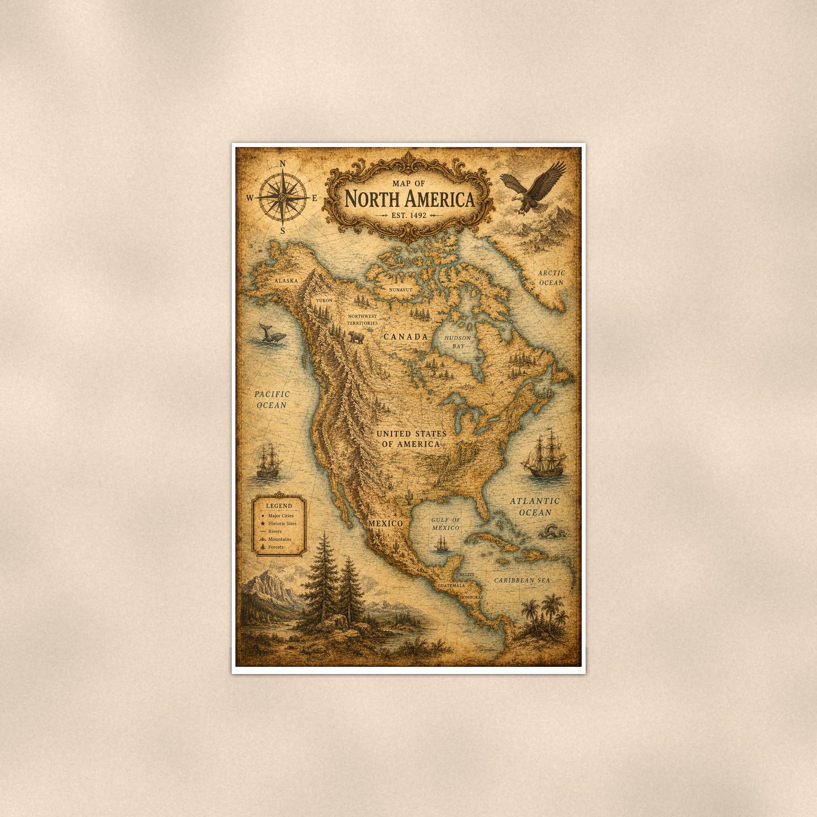 Vintage North America Map — 24x36 in art print poster, premium luster paper with a white border; poster shown straight on against a warm wall.