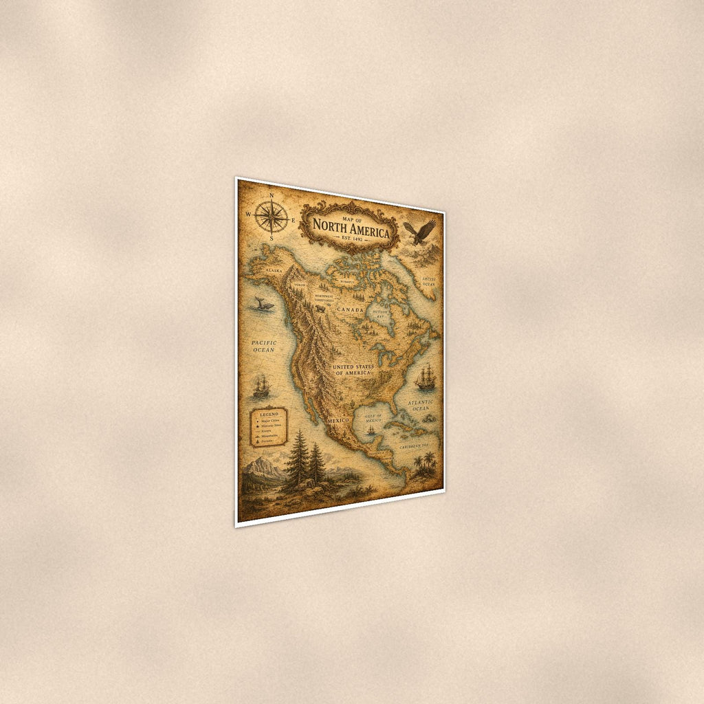 Vintage North America Map — 24x36 in art print poster, premium luster paper with a white border; steeper three-quarter angle on a warm wall, catching the luster sheen.