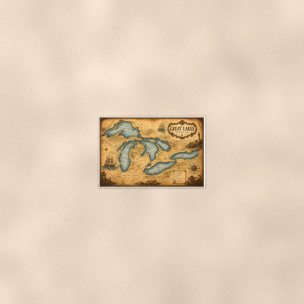 Vintage Great Lakes Map — 36x24 in art print poster, premium luster paper with a white border; poster seen from further back, at true 24x36 in scale on a warm wall.
