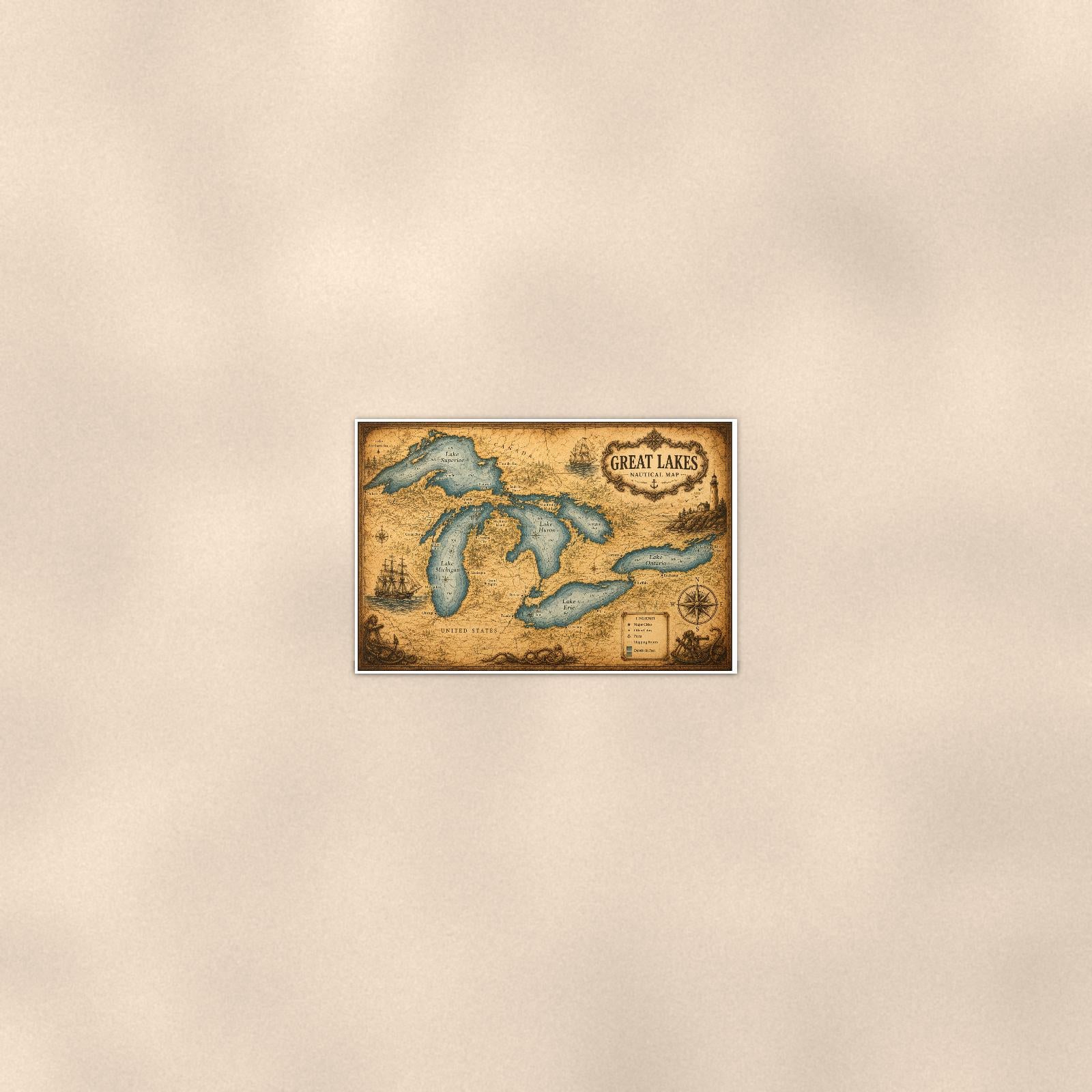 Vintage Great Lakes Map — 36x24 in art print poster, premium luster paper with a white border; poster seen from further back, at true 24x36 in scale on a warm wall.