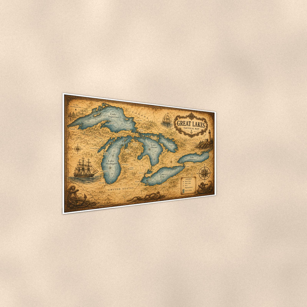 Vintage Great Lakes Map — 36x24 in art print poster, premium luster paper with a white border; steeper three-quarter angle on a warm wall, catching the luster sheen.