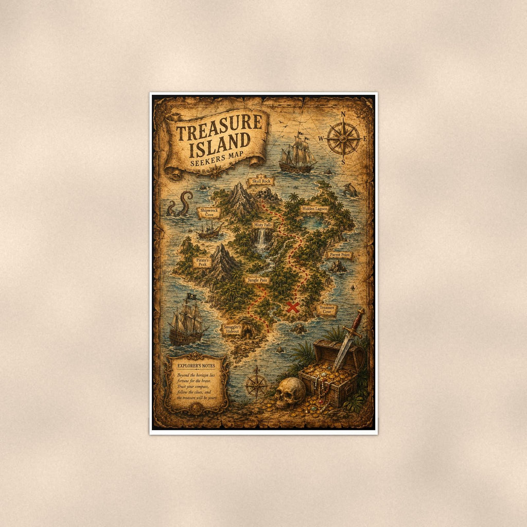 Treasure Island Map — 24x36 in art print poster, premium luster paper with a white border; poster shown straight on against a warm wall.