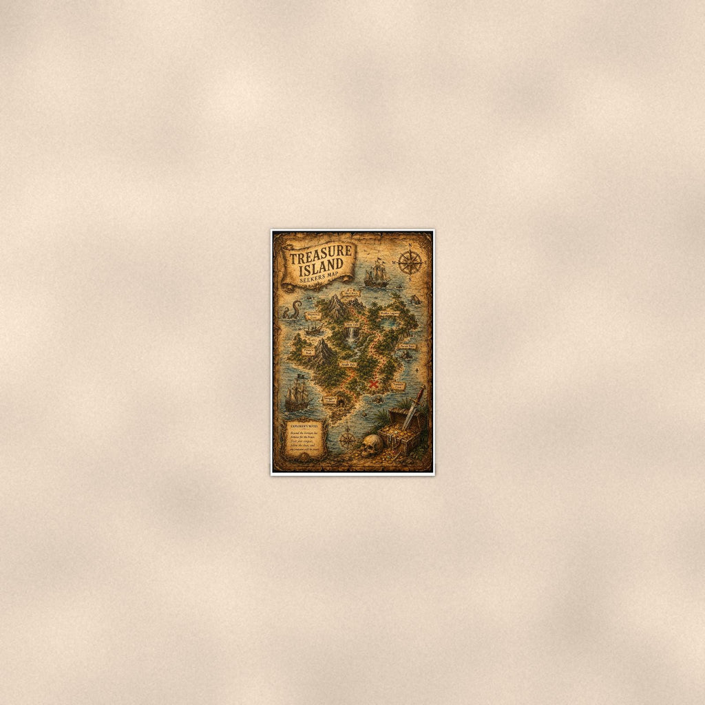 Treasure Island Map — 24x36 in art print poster, premium luster paper with a white border; poster seen from further back, at true 24x36 in scale on a warm wall.