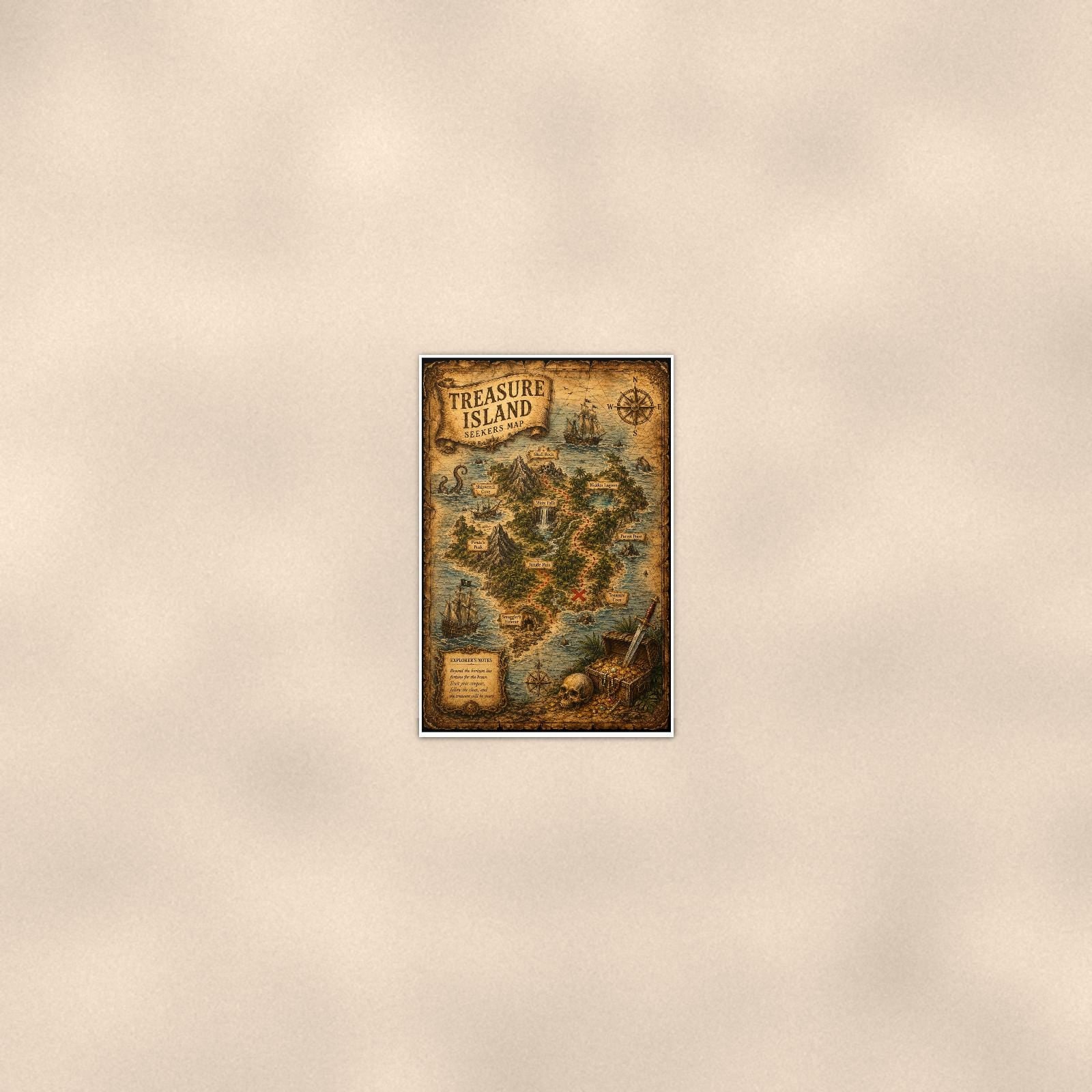 Treasure Island Map — 24x36 in art print poster, premium luster paper with a white border; poster seen from further back, at true 24x36 in scale on a warm wall.
