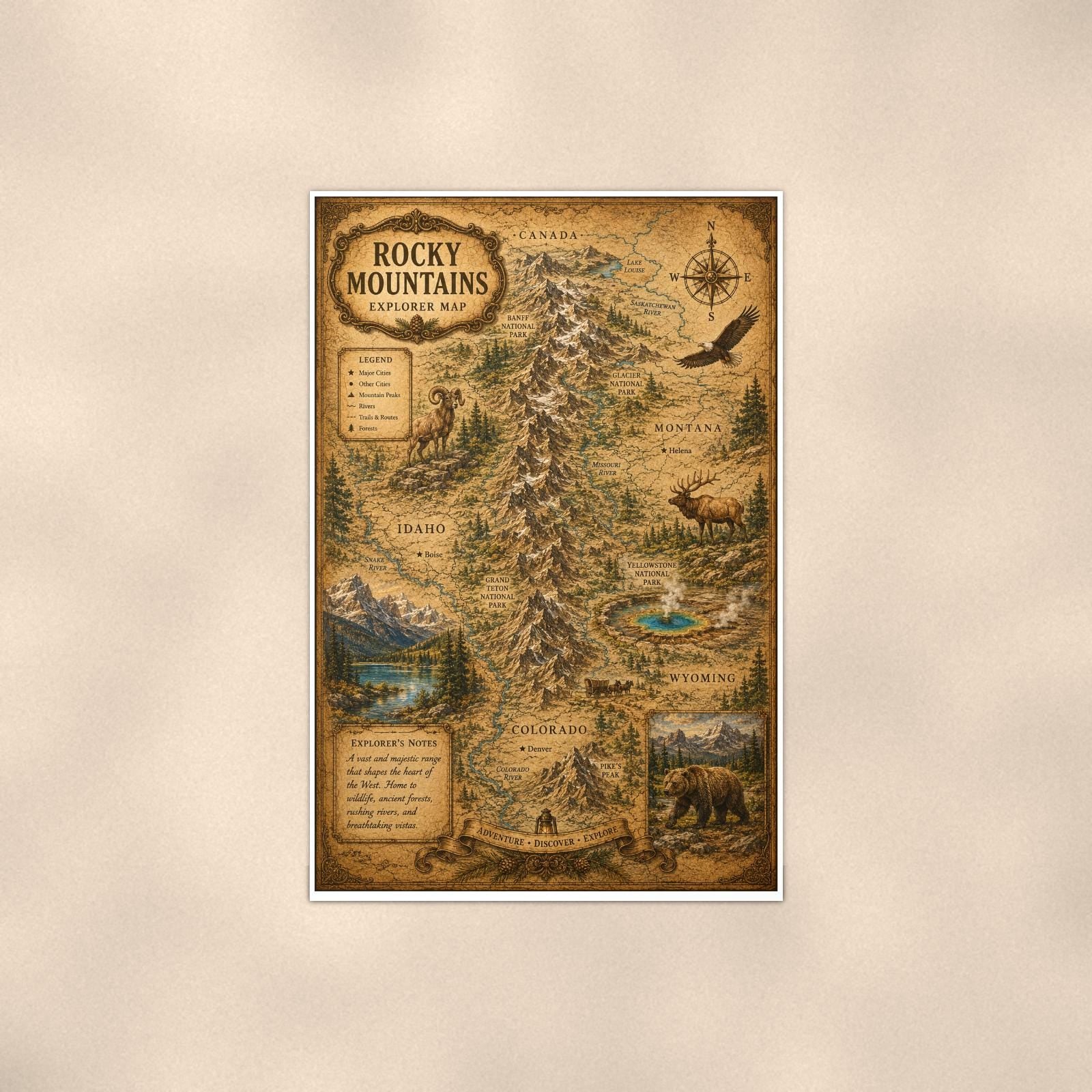 Vintage Rocky Mountains Map — 24x36 in art print poster, premium luster paper with a white border; poster shown straight on against a warm wall.