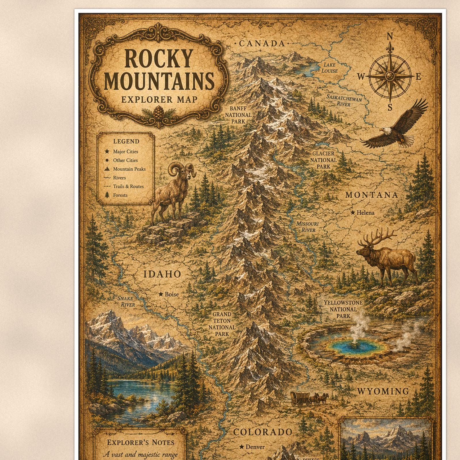 Vintage Rocky Mountains Map — 24x36 in art print poster, premium luster paper with a white border; close-up framed on the main subject of the artwork, paper surface visible.