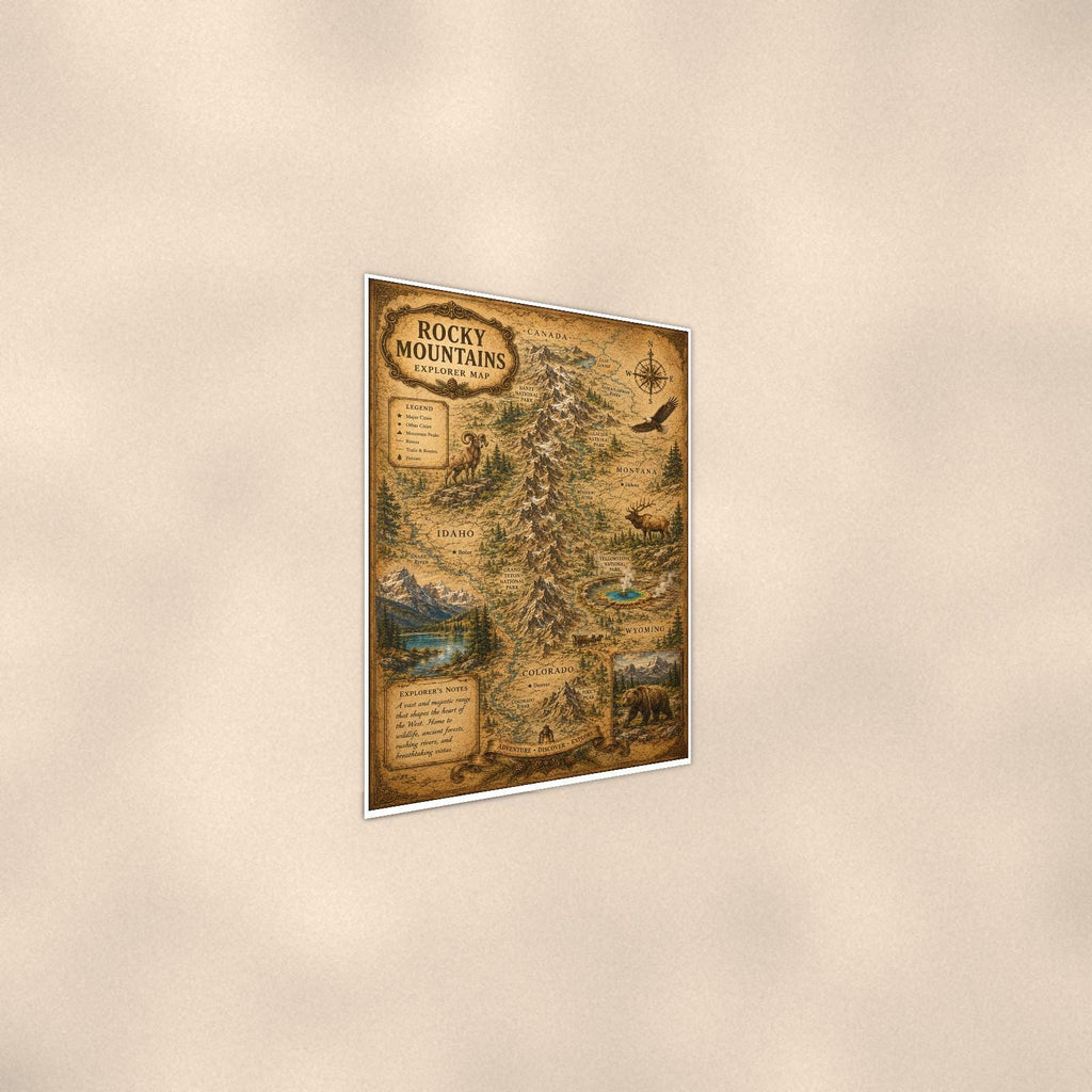 Vintage Rocky Mountains Map — 24x36 in art print poster, premium luster paper with a white border; steeper three-quarter angle on a warm wall, catching the luster sheen.
