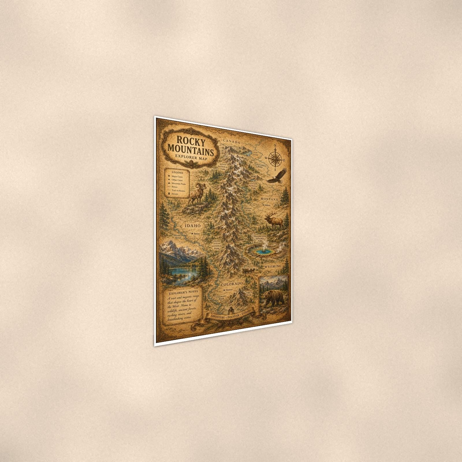 Vintage Rocky Mountains Map — 24x36 in art print poster, premium luster paper with a white border; steeper three-quarter angle on a warm wall, catching the luster sheen.