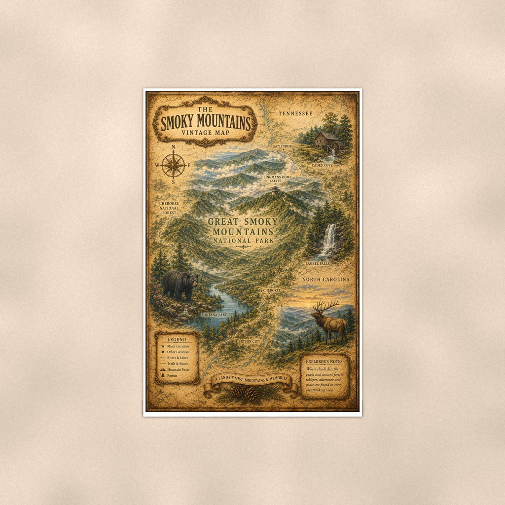 Vintage Smoky Mountains Map — 24x36 in art print poster, premium luster paper with a white border; poster shown straight on against a warm wall.