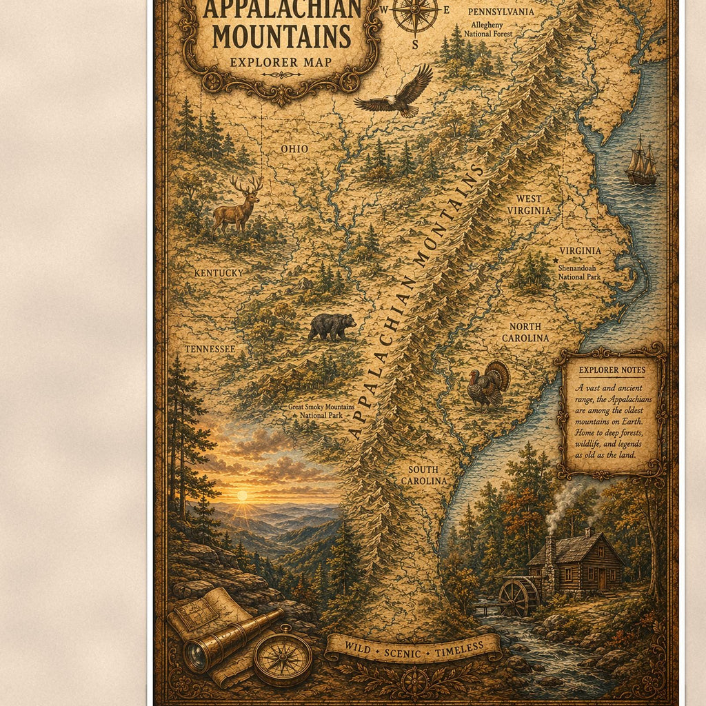 Vintage Appalachian Mountains Map — 24x36 in art print poster, premium luster paper with a white border; close-up framed on the main subject of the artwork, paper surface visible.