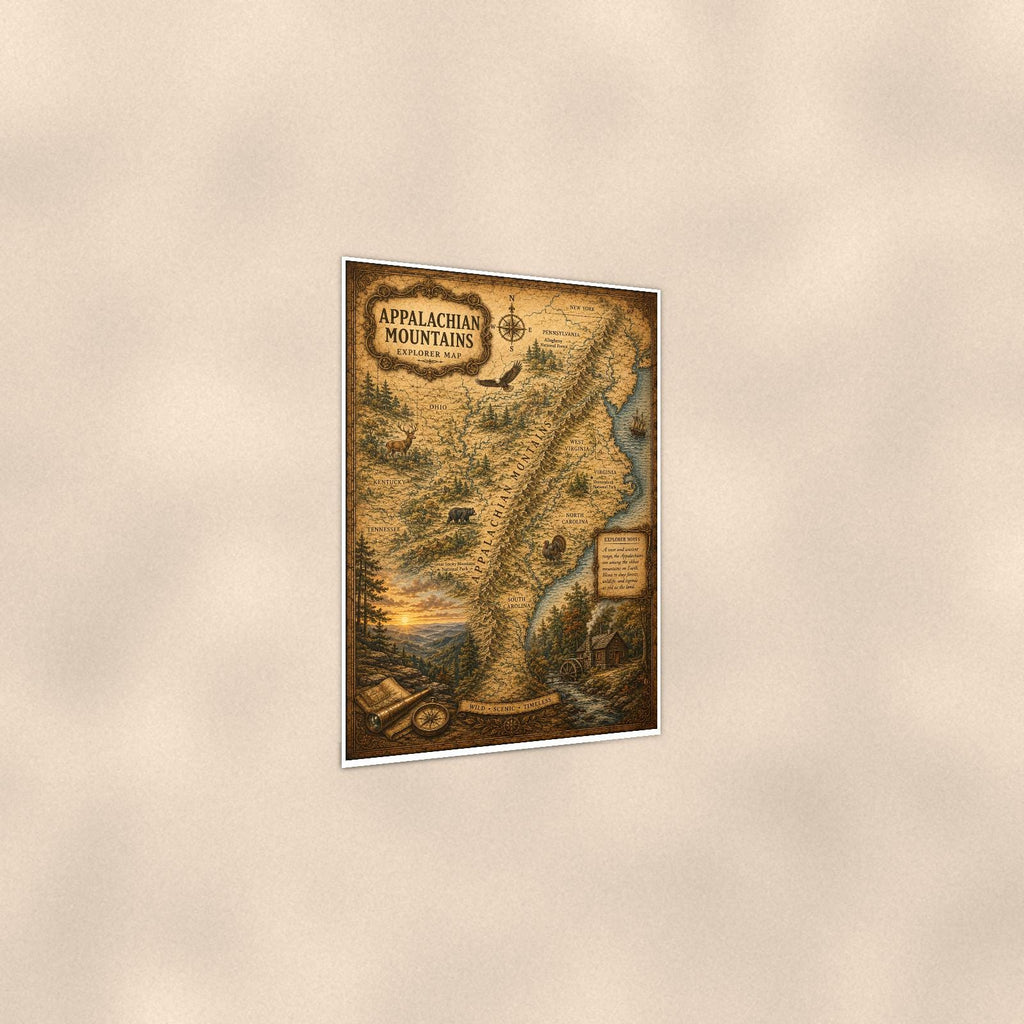 Vintage Appalachian Mountains Map — 24x36 in art print poster, premium luster paper with a white border; gentle three-quarter angle on a warm wall, showing the flat paper edge.