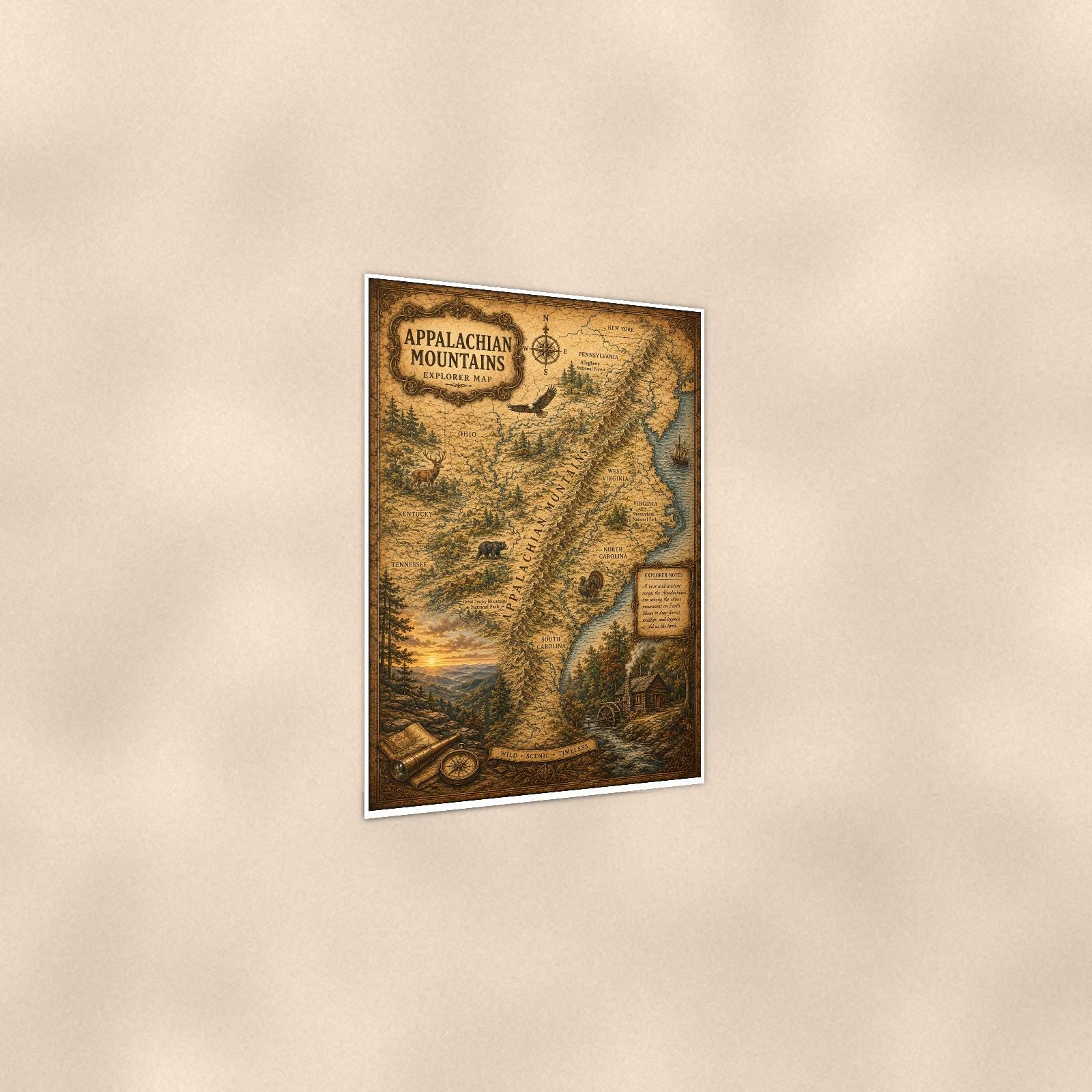 Vintage Appalachian Mountains Map — 24x36 in art print poster, premium luster paper with a white border; gentle three-quarter angle on a warm wall, showing the flat paper edge.