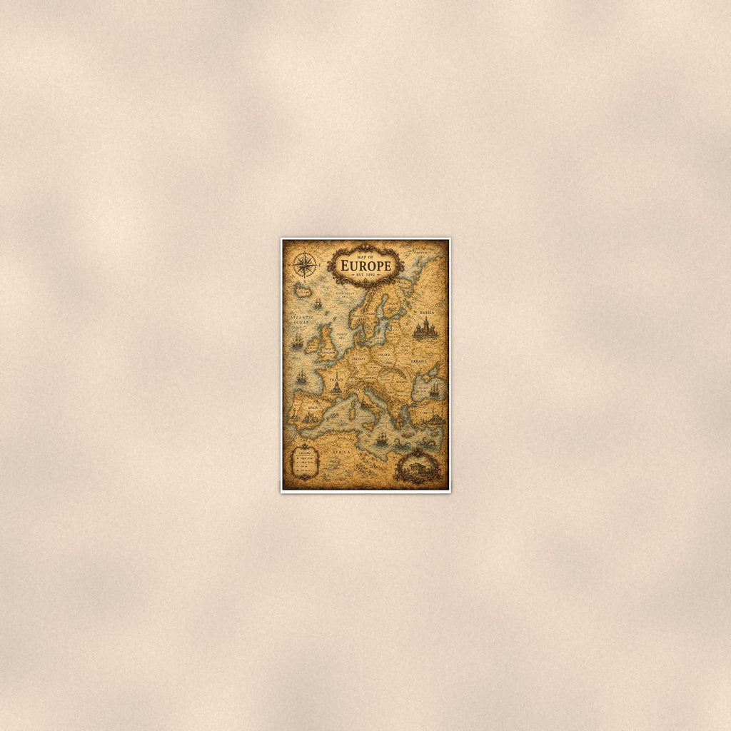 Vintage Europe Map — 24x36 in art print poster, premium luster paper with a white border; poster seen from further back, at true 24x36 in scale on a warm wall.