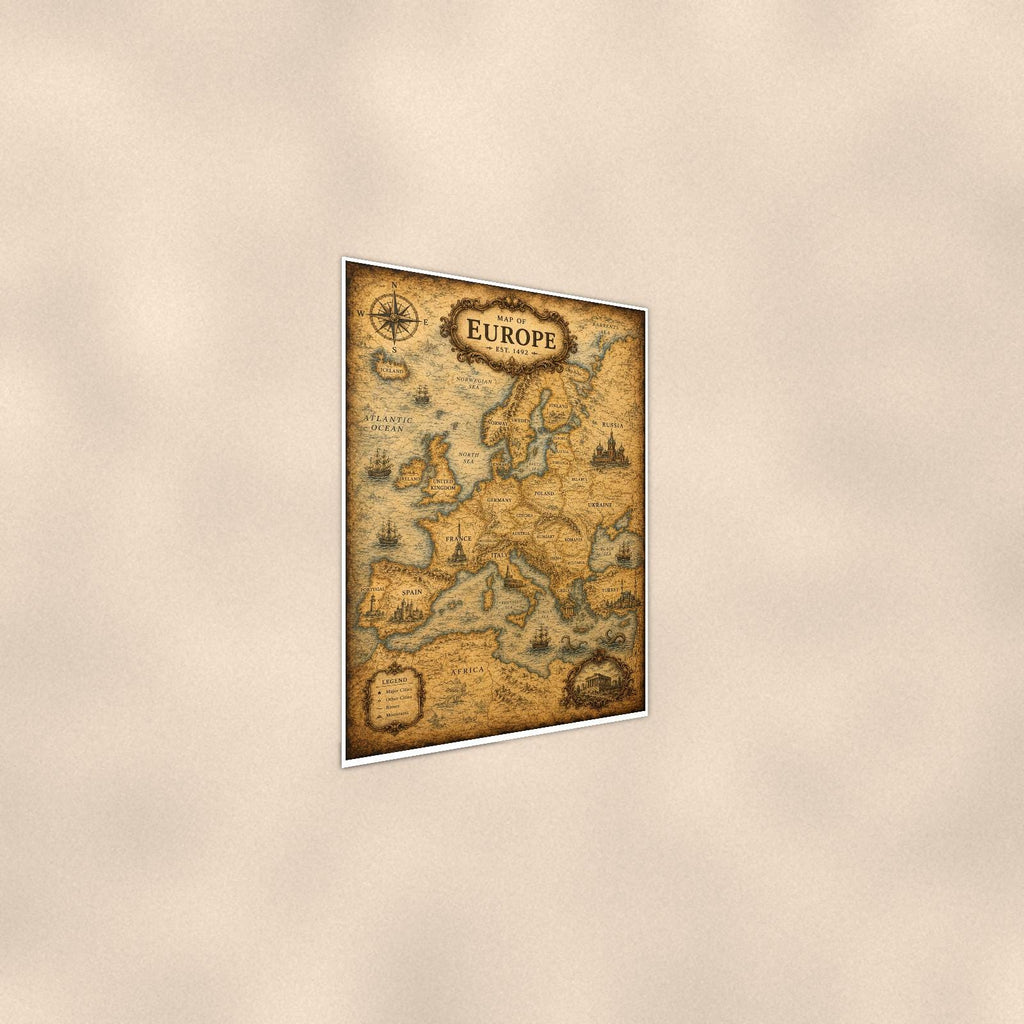 Vintage Europe Map — 24x36 in art print poster, premium luster paper with a white border; steeper three-quarter angle on a warm wall, catching the luster sheen.