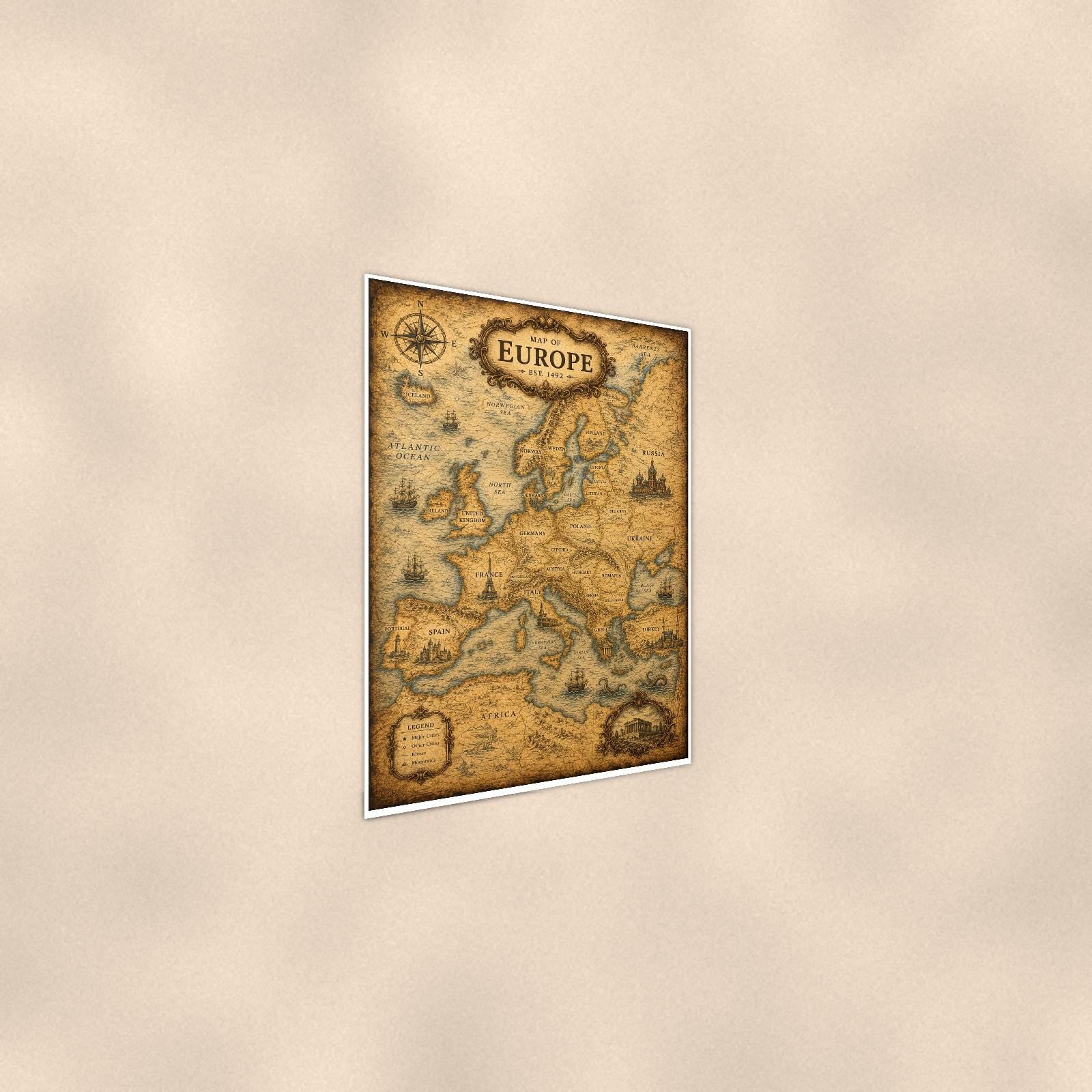 Vintage Europe Map — 24x36 in art print poster, premium luster paper with a white border; steeper three-quarter angle on a warm wall, catching the luster sheen.