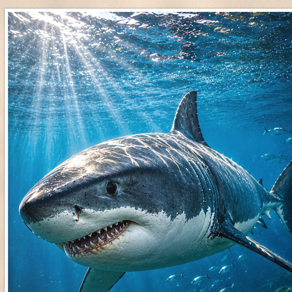 Great White Shark — 24x36 in art print poster, premium luster paper with a white border; close-up framed on the main subject of the artwork, paper surface visible.