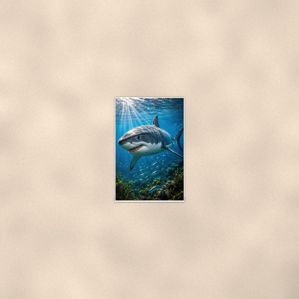 Great White Shark — 24x36 in art print poster, premium luster paper with a white border; poster seen from further back, at true 24x36 in scale on a warm wall.