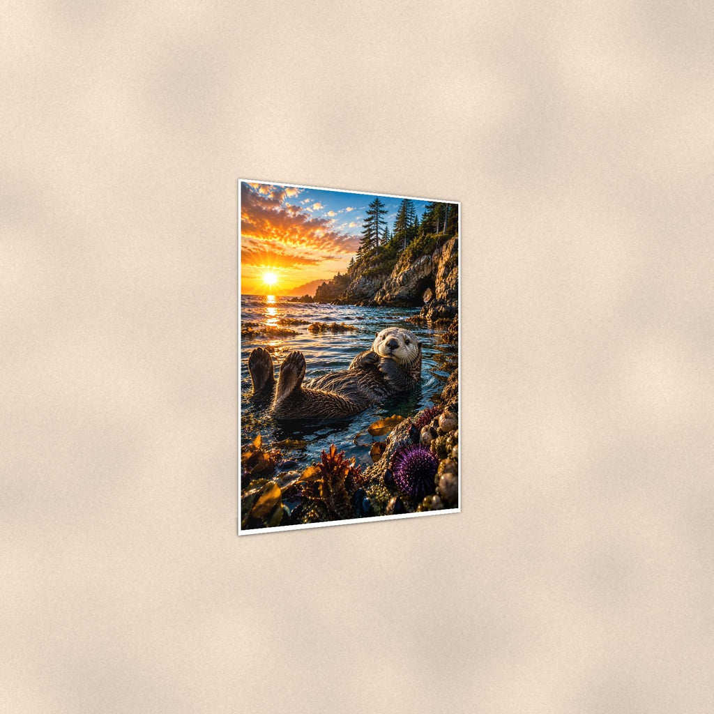 Sea Otter Pair — 24x36 in art print poster, premium luster paper with a white border; gentle three-quarter angle on a warm wall, showing the flat paper edge.