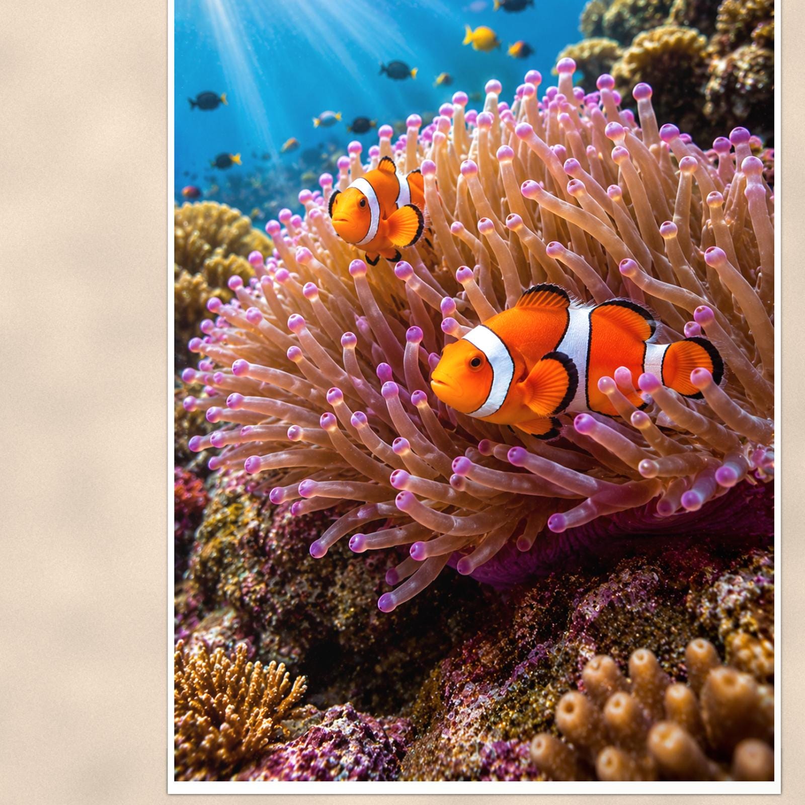 Clownfish and Anemone — 24x36 in art print poster, premium luster paper with a white border; close-up framed on the main subject of the artwork, paper surface visible.