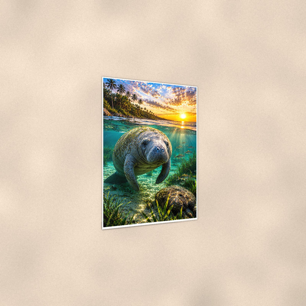 Manatee — 24x36 in art print poster, premium luster paper with a white border; gentle three-quarter angle on a warm wall, showing the flat paper edge.